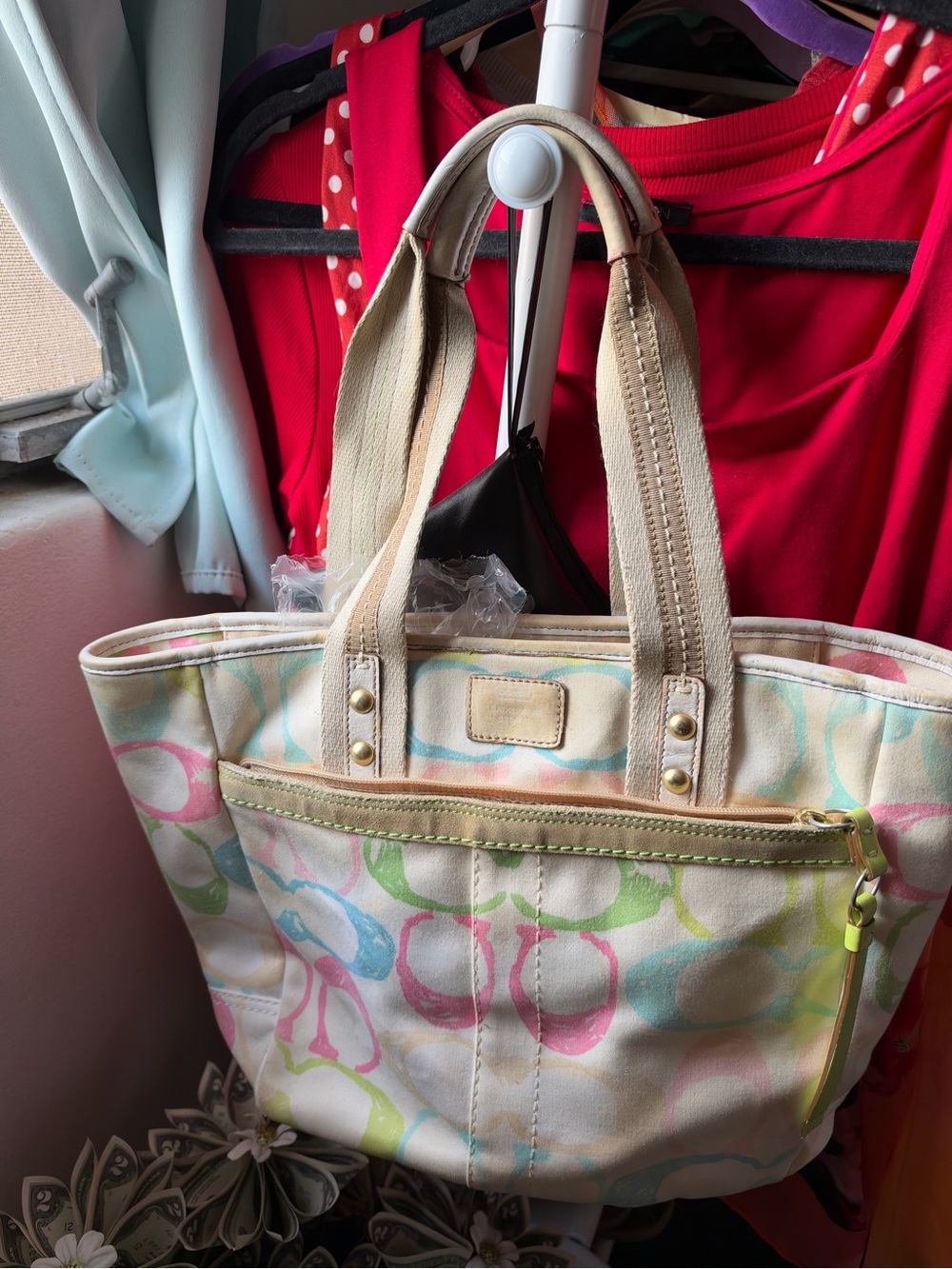 Coach Canvas Tote in Cream with Pastel Multicolor Circles